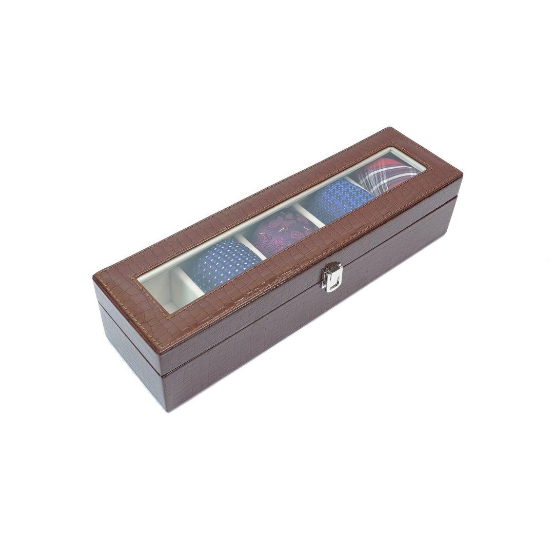5 Slot Tie & Pocket Square Box With Glass Top